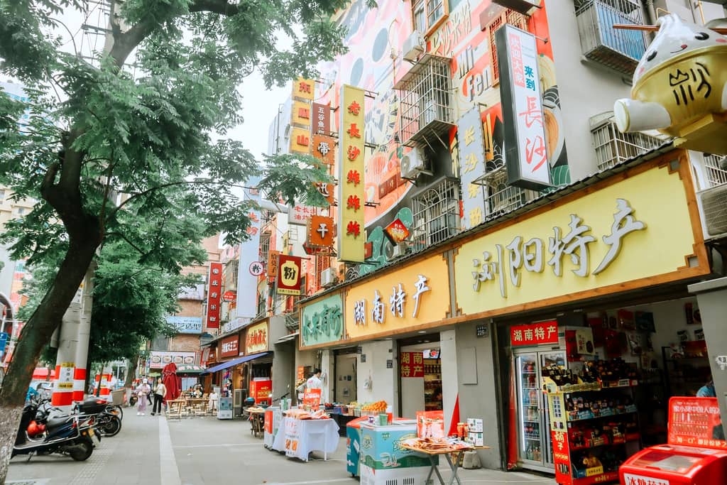 Colourful shop signage along a commercial street in China